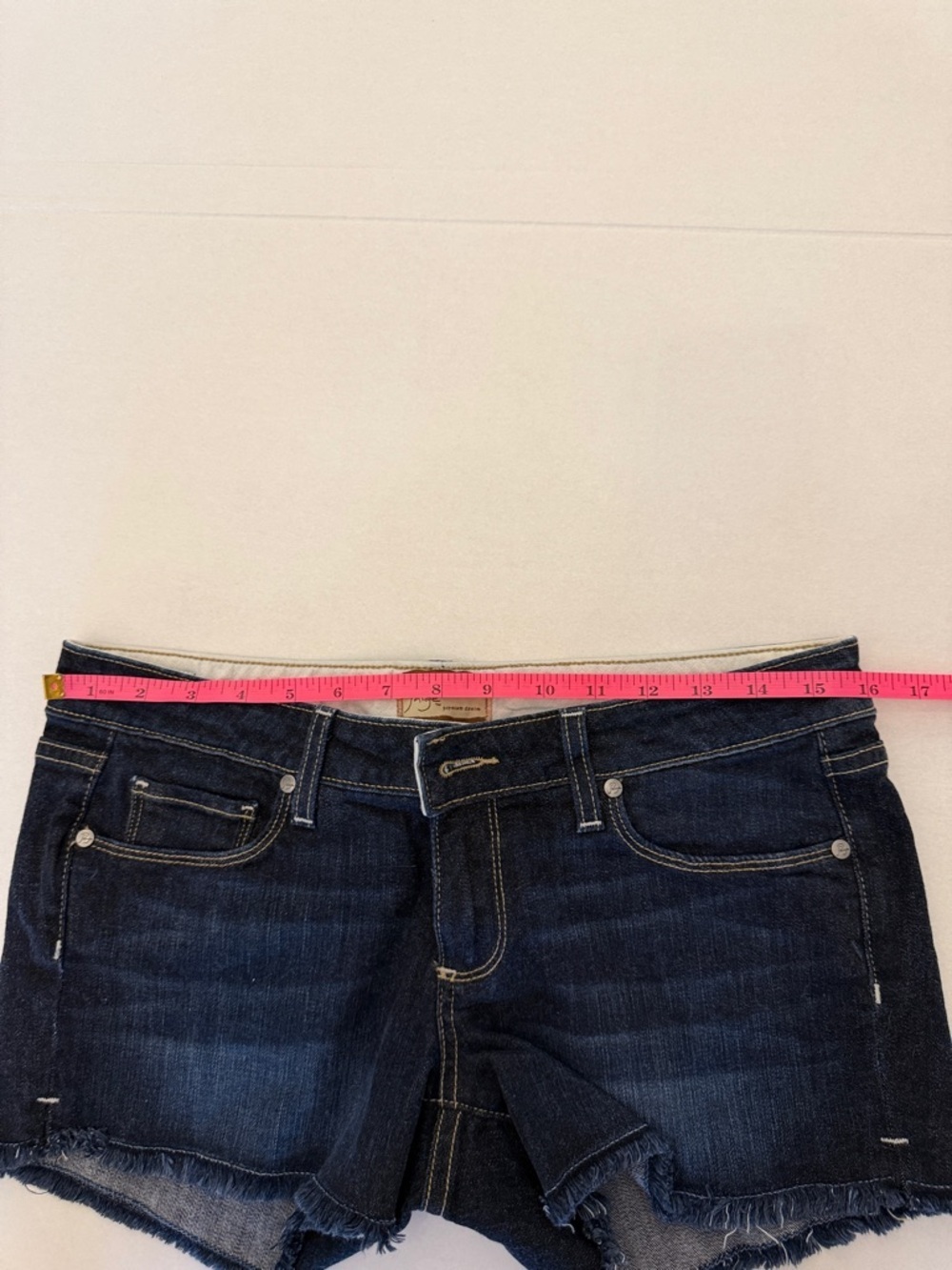 PAIGE Dark Indigo Frayed Hem Jean Shorts - Picture 6 of 9